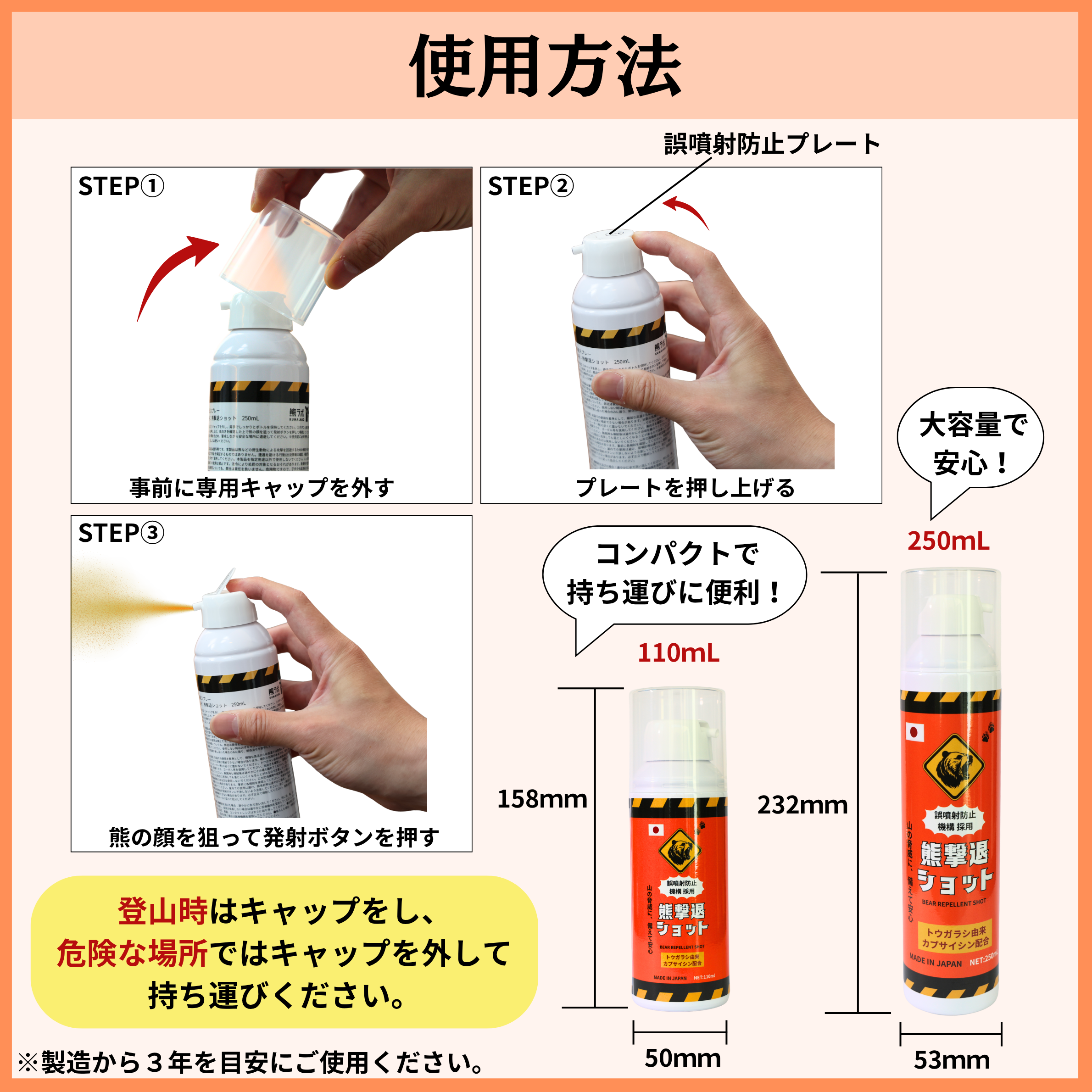 使い方3ステップ — キャップを外す、プレートを押し上げる、噴射する